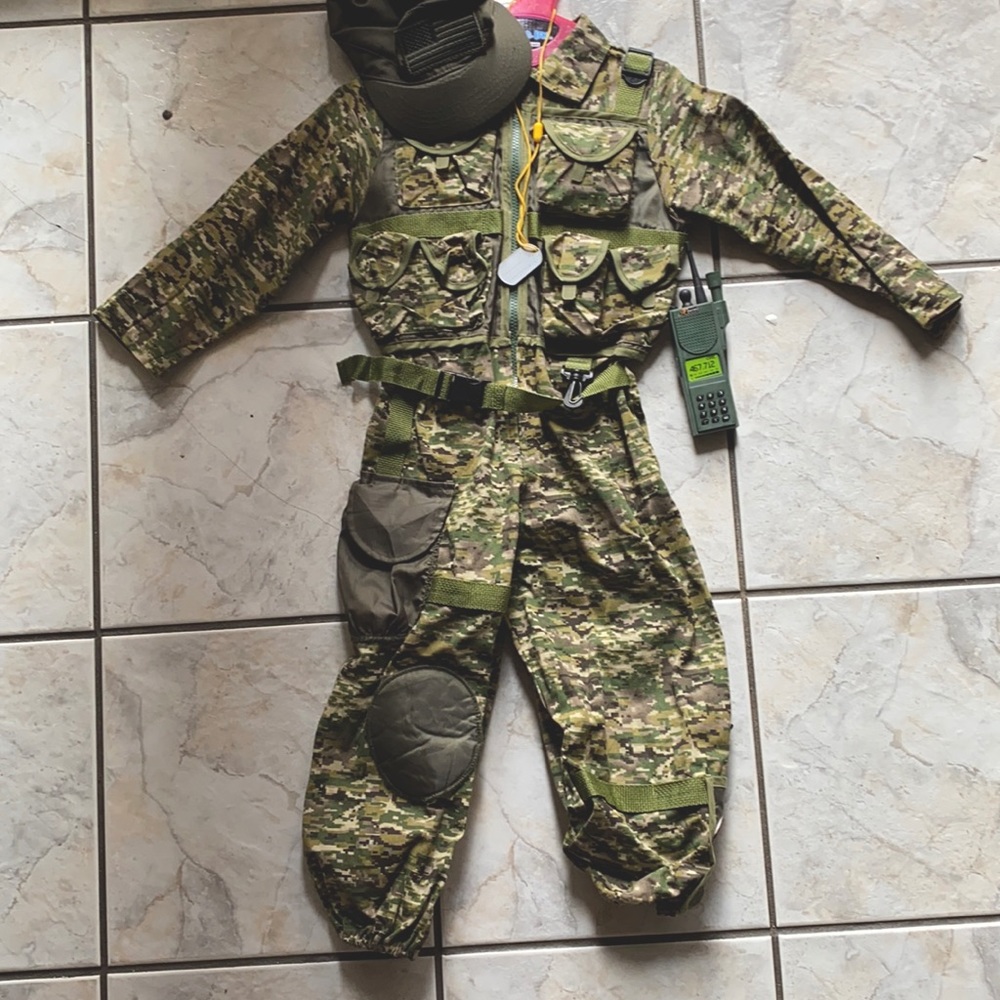 Military style (like new) jumpsuit costume. *Walkie-talkie no longer available*